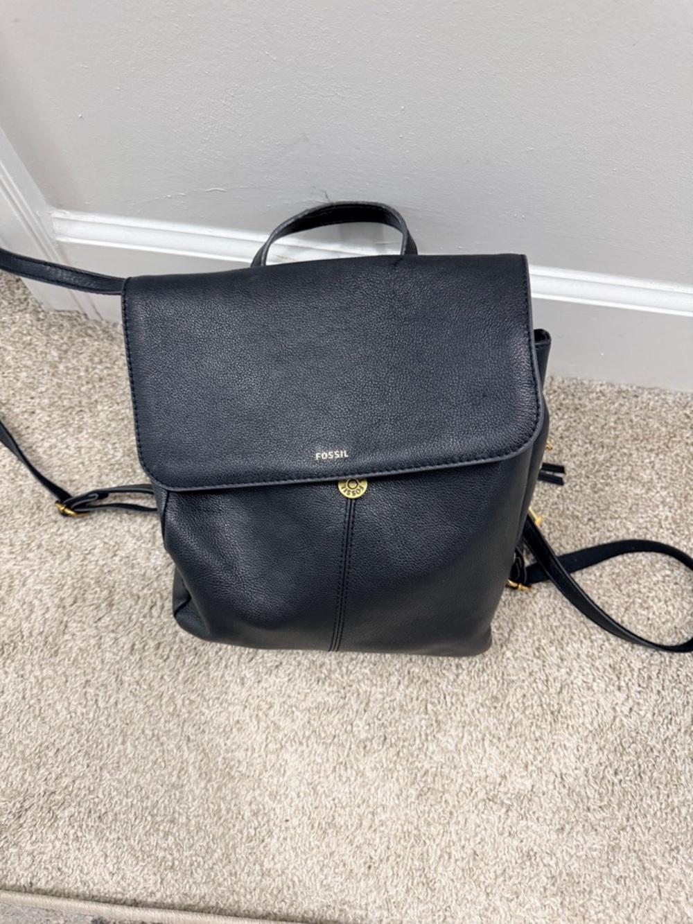Fossil Black Leather Flap Backpack with Gold Accent
